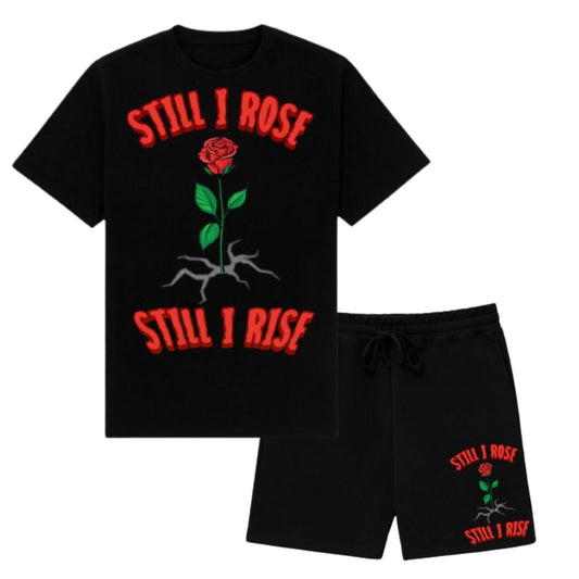 STILL I ROSE BLACK SHORT SET RED LETTERS