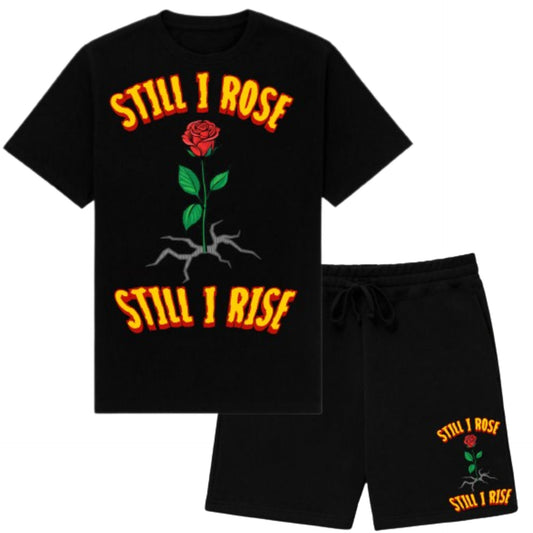 STILL I ROSE BLACK SHORT SET YELLOW/RED LETTERS