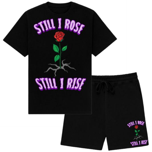 STILL I ROSE BLACK SHORT SET PURPLE LETTERS