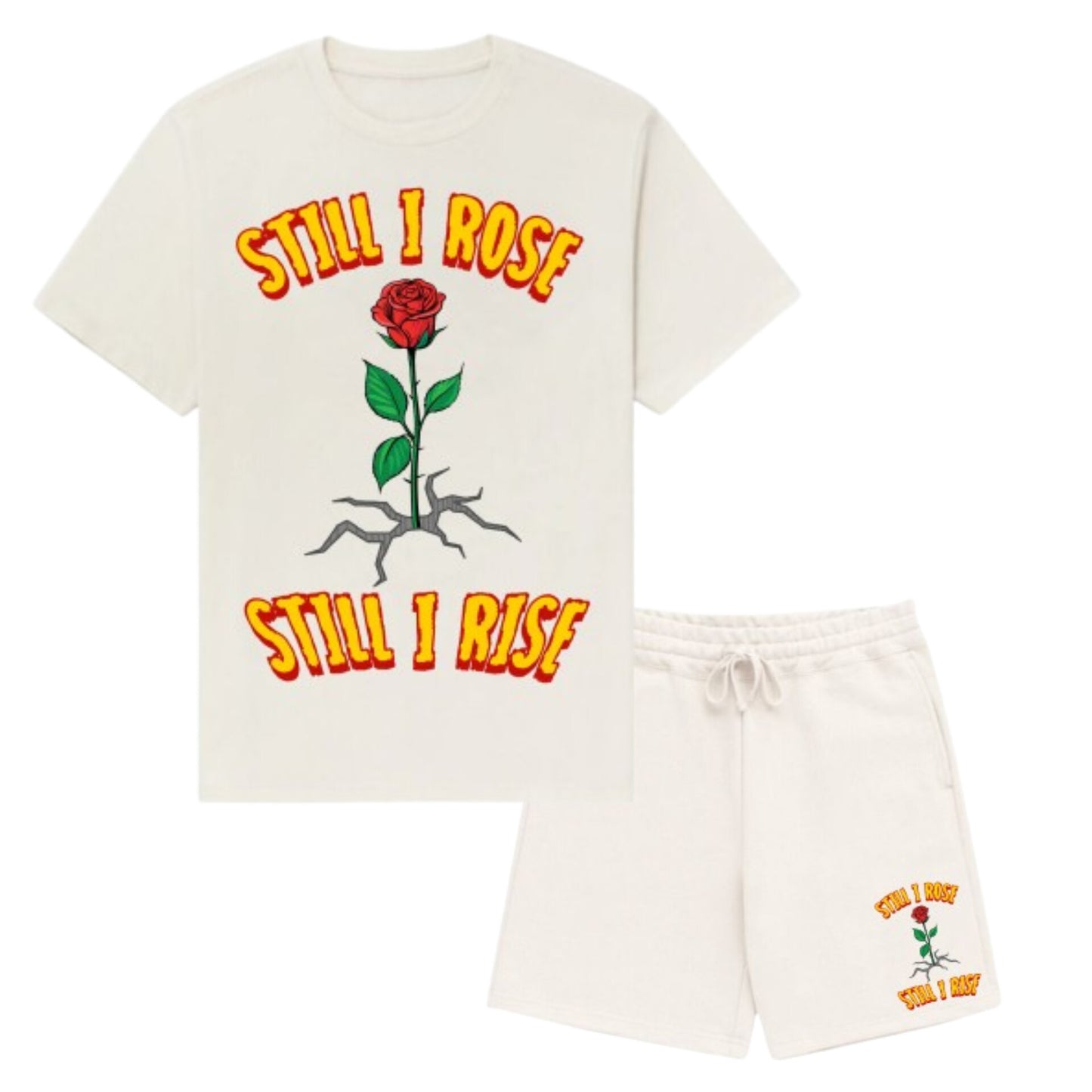 STILL I ROSE CREAM SHORT SET YELLOW/RED LETTERS