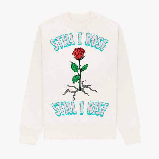 STILL I ROSE CREAM HEAVY BLEND FLEECE CREW - PINK/BLUE LETTERS