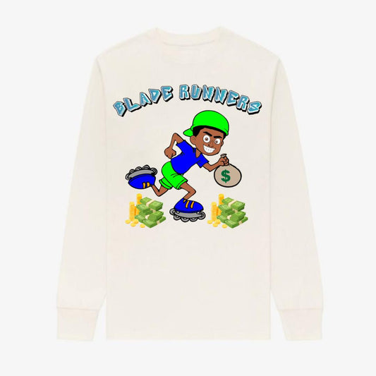 BLADE RUNNERS CREAM LONG SLEEVE T-SHIRT BLUE LETTERS