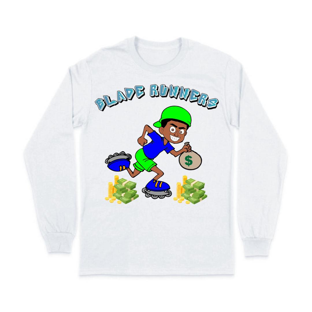 BLADE RUNNERS WHITE LONG SLEEVE T-SHIRT BLUE LETTERS