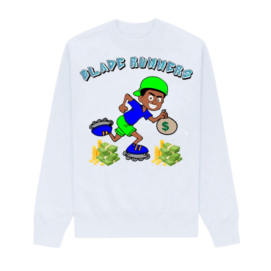 BLADE RUNNERS WHITE SWEATSHIRT BLUE LETTERS